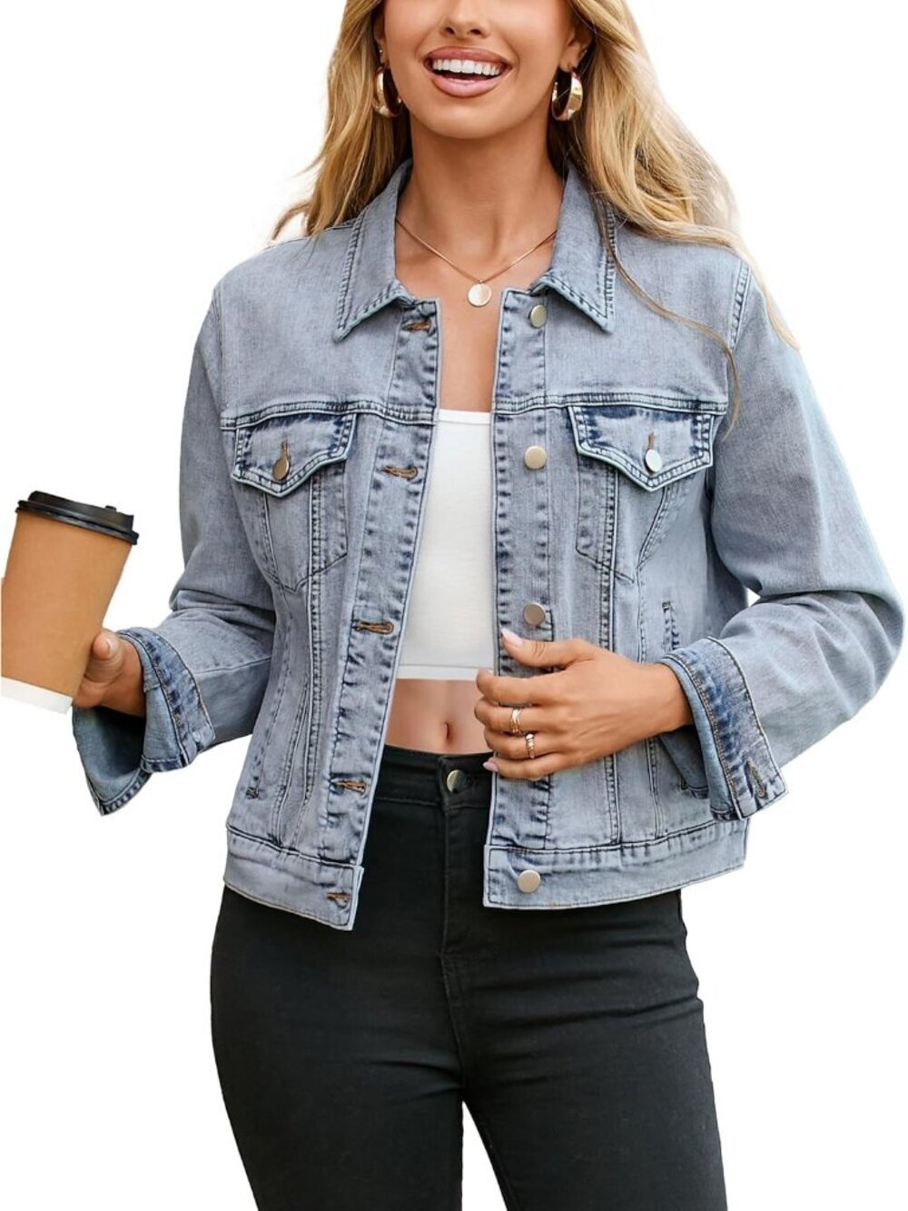 Women's Light Blue Trendy Long Sleeve Denim Jackets Button Down With Pockets
